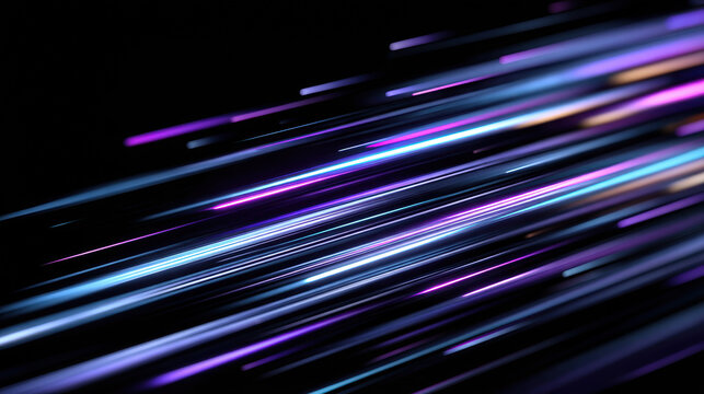 High speed digital light trails in blue, cyan and magenta crossing black space, futuristic data transfer and network acceleration concept