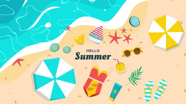 Hello Summer: Colorful Beach Top View Illustration