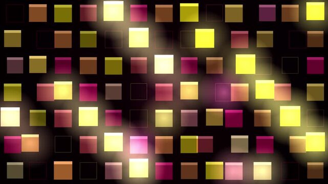 A looping pattern of glowing squares in various colors on a dark background