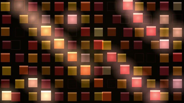 A looping pattern of glowing squares in warm colors on a dark background