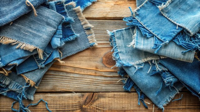 Frayed denim fabric scraps with faded blue hues scattered on a wooden workbench