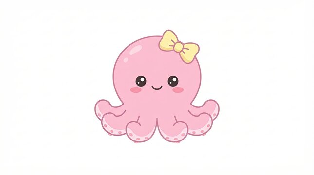 Cute pink octopus character with yellow bow, simple cartoon style