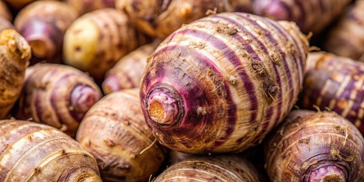 Detailed close-up image of a taro root vegetable, showcasing its unique texture and subtle color variations