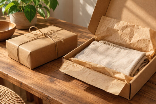 Twine wrapped parcel beside an open linen filled mailer