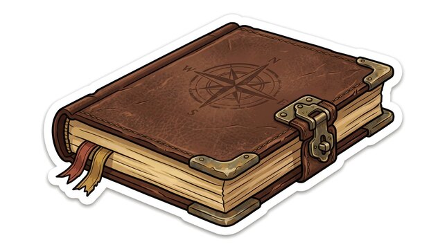 Detailed hand-drawn illustration of an old brown leather-bound journal with aged pages and decorative cover details, representing historical exploration, adventure storytelling, and vintage travel mem