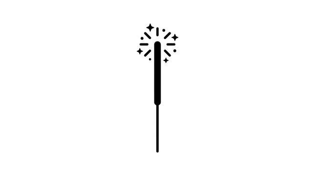 Hand sparkler firework long stick burning sparkle small stars round dots glitter bright party light, solid black icon illustration vector silhouette minimalist modern flat simple on clean plain white 