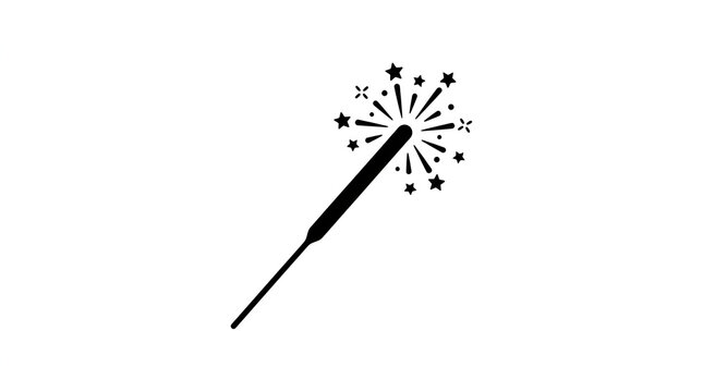 Hand sparkler firework long stick burning sparkle small stars round dots glitter bright party light, solid black icon illustration vector silhouette minimalist modern flat simple on clean plain white 