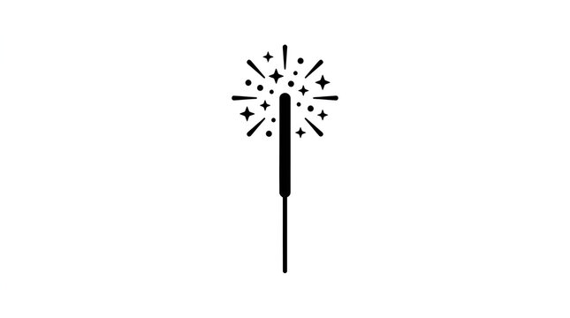 Hand sparkler firework long stick burning sparkle small stars round dots glitter bright party light, solid black icon illustration vector silhouette minimalist modern flat simple on clean plain white 