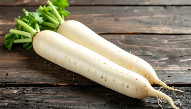 Two whole fresh Japanese daikon radishes with green leaves on a dark rustic wooden table