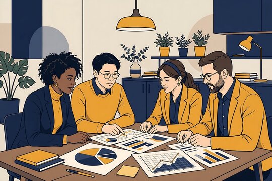 Diverse business team collaborating on data analysis and financial reports in modern office