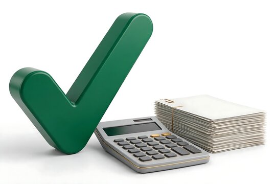 3d illustration of a green check mark, a calculator, and a stack of paper documents isolated on white background
