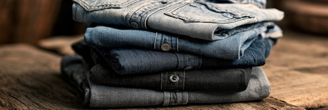 Five folded denim shirts are placed in a neat stack on a wooden surface. Each shirt has a different color and wash, showcasing a variety of styles.