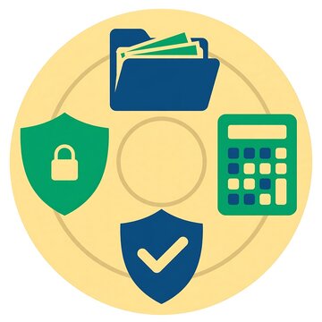 Financial security and data management concept icon with folder, calculator, and shield symbols