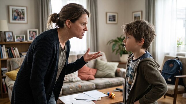 Angry Mother Confronting Child During Family Disagreement