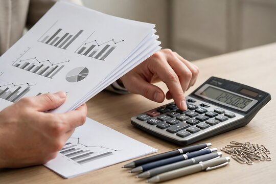 Business person analyzing financial charts and calculating data on a wooden office desk