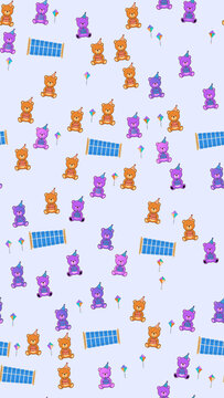 Teddy bears with cakes, kites, and xylophones pattern