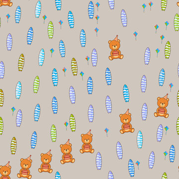Teddy bears with cakes, surfboards, and kites pattern