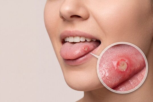Close-up of woman showing tongue with painful aphthous ulcer, magnified circle detail of canker sore on beige background with copy space