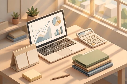 Modern workspace with laptop displaying business charts, calculator, and stationery on a desk