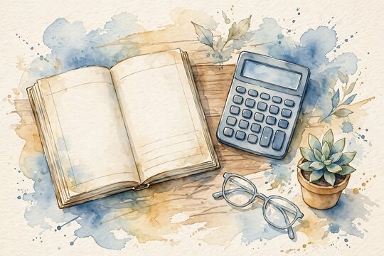 Watercolor illustration of an open notebook, calculator, glasses, and a small succulent plant on a wooden desk surface