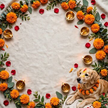 Golden retriever dog with marigold garland and lit diyas for diwali festival celebration on a textured background