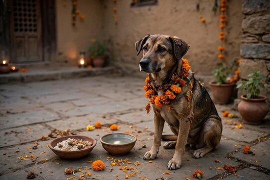 A dog adorned with a marigold garland sitting in a traditional courtyard during kukur tihar festival