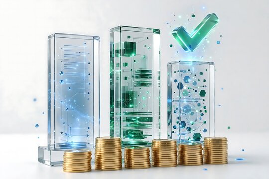 3d glass data structures with digital patterns and gold coin stacks isolated on white background