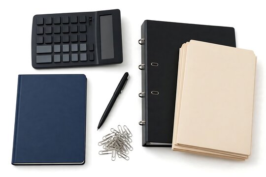 Office supplies including a calculator, a blue notebook, a pen, paper clips, and a binder with files isolated on white background