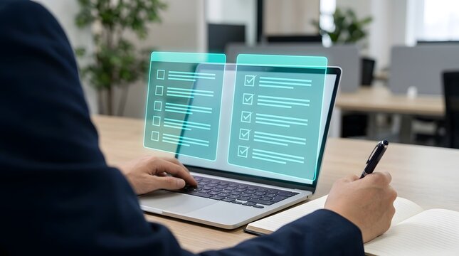 A business professional working on a laptop with a digital checklist interface