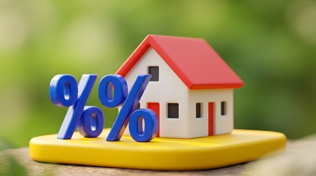 A miniature house model displayed with a blue percentage symbol interest rate