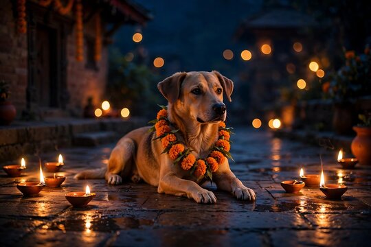 A dog wearing a marigold garland during kukur tihar festival, surrounded by glowing oil lamps on a stone courtyard