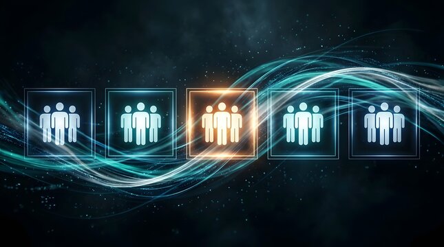 Abstract Digital Illustration Featuring Glowing Human Group Icons Within Floating Square Frames