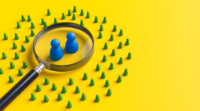 Recruitment and candidate search concept with magnifying glass focusing on blue figures in green crowd