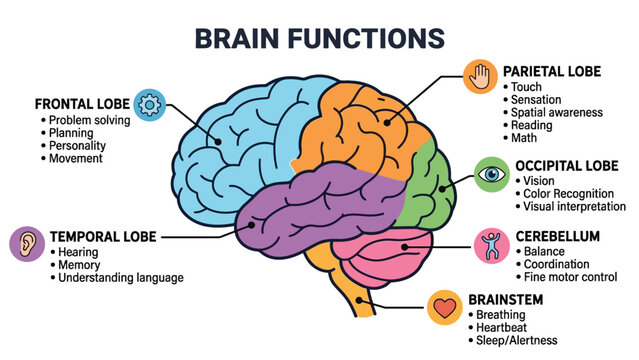 Detailed human brain anatomy vector illustration showing different functional lobes and regions labeled clearly on white background