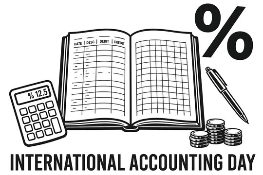 International accounting day illustration with ledger, calculator, pen, and coins