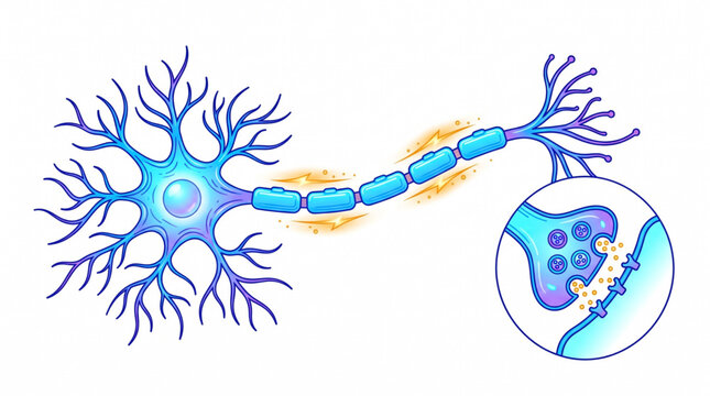 Human neuron cell and synaptic connection vector illustration isolated on white background. Neuroscience and brain research concept.
