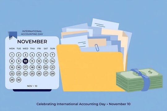 International accounting day illustration with calendar, folder of documents, and stack of cash
