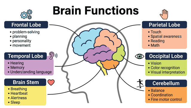 Detailed medical vector illustration explaining various human brain lobes and functions with labels on white background