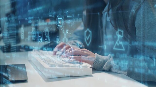 AI agent security technology, hands typing on keyboard with digital AI hologram icons overlay