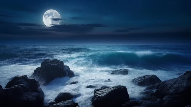 Full moon shining over dark turbulent ocean waves crashing against jagged black coastal rocks 4K Generative AI