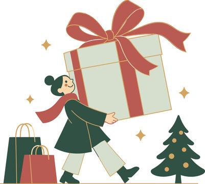 Christmas Gift Shopping Woman Carrying Oversized Present Box