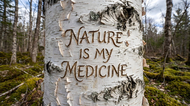 Typography Carved into Pale White Birch Tree Bark