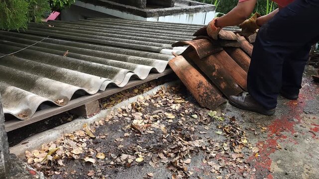 Stacking Clay Tiles to Remove Them from Corrugated Metal Roof
