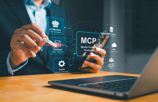 Business professional interacting with a Model Context Protocol (MCP) interface connecting AI models, agents, tools, APIs, applications, and real-time automation for enterprise AI integration.
