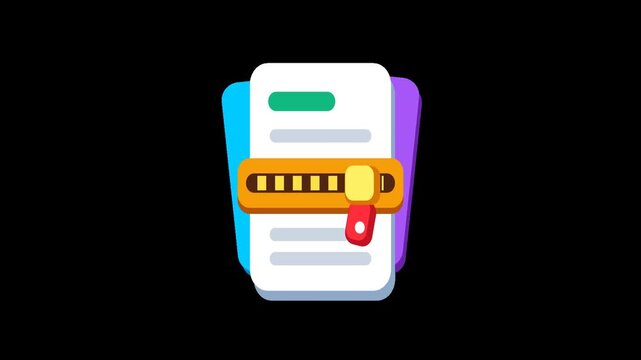 Animated icon of documents being zipped, symbolizing file compression, archiving, data security, or document management. Flat design animation on alpha background.