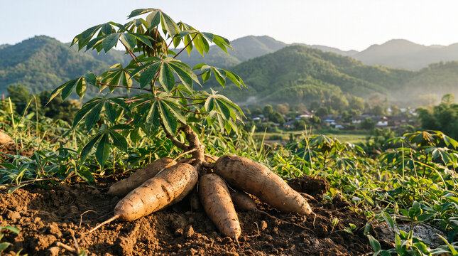 Cassava plant with exposed tuberous roots growing in fertile farmland beneath misty mountain hills showcasing tropical agriculture sustainable food production rural harvest potential and crop
