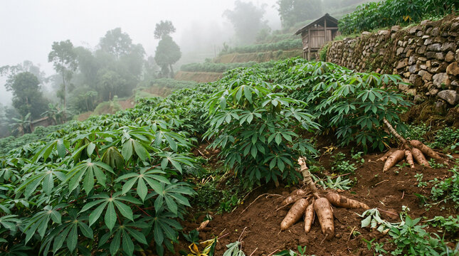 Lush cassava plants growing on a misty tropical hillside with exposed roots stone terraces and green farmland representing sustainable agriculture rural harvest and food cultivation