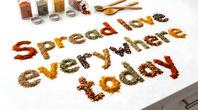 Colorful Mixed Spices Typography on White Counter