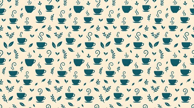 Teacup and leaves seamless pattern in deep teal and cream vector illustration