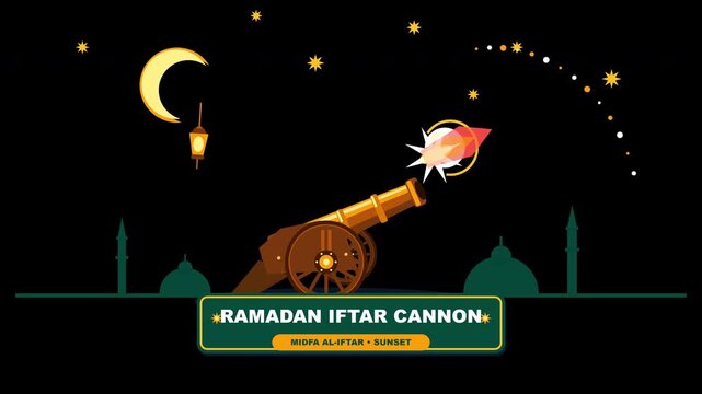 Flat 2D animation of a traditional Ramadan iftar cannon firing with smoke bursts against a sunset mosque skyline silhouette